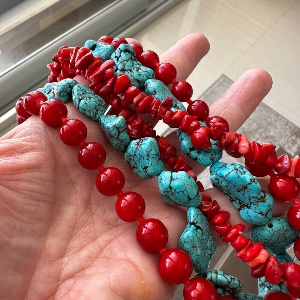 Bold Coral And Turquoise Beaded Necklace - Picture 5 of 5